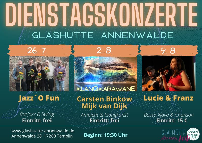 Flyer für die Dienstagskonzerte in Annenwalde Sommer 2022